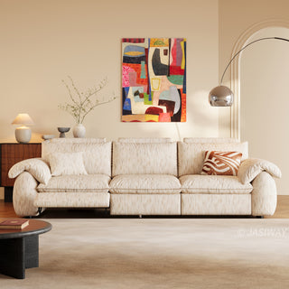 JASIWAY 3-seat power reclining sofa featuring plush chenille fabric upholstery, equipped with an electric adjustable footrest and ergonomic cushioned armrests for premium living room comfort and modern home theater seating.-Front view