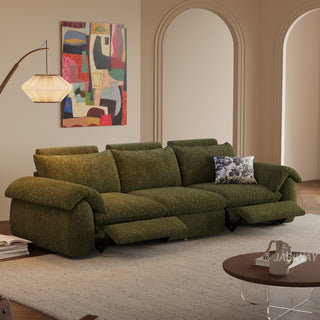 JASIWAY 3-seat power reclining sofa featuring plush chenille fabric upholstery, equipped with an electric adjustable footrest and ergonomic cushioned armrests for premium living room comfort and modern home theater seating.-Three-quarter view