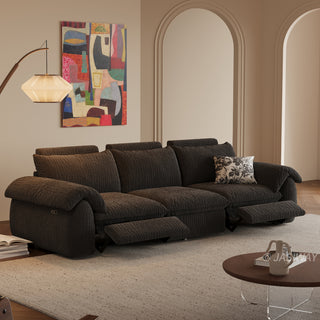 JASIWAY 3-seat power reclining sofa featuring plush chenille fabric upholstery, equipped with an electric adjustable footrest and ergonomic cushioned armrests for premium living room comfort and modern home theater seating.-Three-quarter view