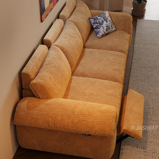 JASIWAY 3-seat power reclining sofa featuring plush chenille fabric upholstery, equipped with an electric adjustable footrest and ergonomic cushioned armrests for premium living room comfort and modern home theater seating.-High-angle view
