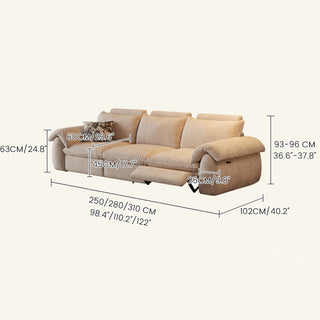 JASIWAY 3-seat power reclining sofa featuring plush chenille fabric upholstery, equipped with an electric adjustable footrest and ergonomic cushioned armrests for premium living room comfort and modern home theater seating.-Dimensions chart