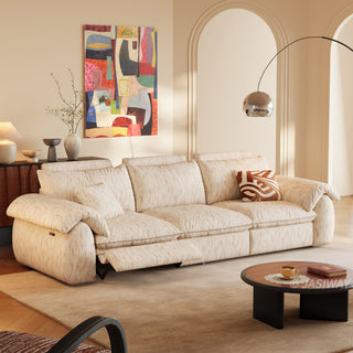 JASIWAY 3-seat power reclining sofa featuring plush chenille fabric upholstery, equipped with an electric adjustable footrest and ergonomic cushioned armrests for premium living room comfort and modern home theater seating.-Three-quarter view