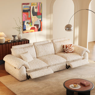 JASIWAY 3-seat power reclining sofa featuring plush chenille fabric upholstery, equipped with an electric adjustable footrest and ergonomic cushioned armrests for premium living room comfort and modern home theater seating.-High-angle view