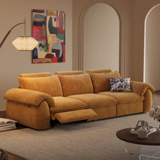 JASIWAY 3-seat power reclining sofa featuring plush chenille fabric upholstery, equipped with an electric adjustable footrest and ergonomic cushioned armrests for premium living room comfort and modern home theater seating.-Three-quarter view