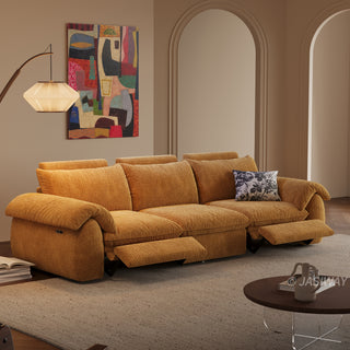 JASIWAY 3-seat power reclining sofa featuring plush chenille fabric upholstery, equipped with an electric adjustable footrest and ergonomic cushioned armrests for premium living room comfort and modern home theater seating.-Three-quarter view