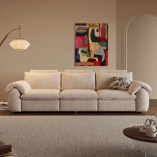 JASIWAY 3-seat power reclining sofa featuring plush chenille fabric upholstery, equipped with an electric adjustable footrest and ergonomic cushioned armrests for premium living room comfort and modern home theater seating.-Front view