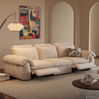 JASIWAY 3-seat power reclining sofa featuring plush chenille fabric upholstery, equipped with an electric adjustable footrest and ergonomic cushioned armrests for premium living room comfort and modern home theater seating.-Three-quarter view