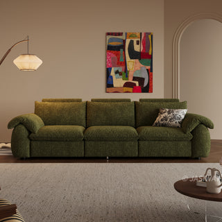 JASIWAY 3-seat power reclining sofa featuring plush chenille fabric upholstery, equipped with an electric adjustable footrest and ergonomic cushioned armrests for premium living room comfort and modern home theater seating.-Front view