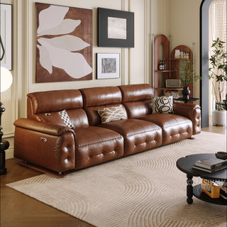 JASIWAY top-grain leather power reclining sofa featuring dual electric recliners with adjustable footrests, integrated USB charging ports, and deep button-tufted detailing for a modern mid-century living room aesthetic.-Three-quarter view