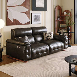 JASIWAY top-grain leather power reclining sofa featuring dual electric recliners with adjustable footrests, integrated USB charging ports, and deep button-tufted detailing for a modern mid-century living room aesthetic.-Three-quarter view