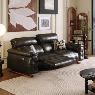 JASIWAY top-grain leather power reclining sofa featuring dual electric recliners with adjustable footrests, integrated USB charging ports, and deep button-tufted detailing for a modern mid-century living room aesthetic.-Three-quarter view with one side motor operation