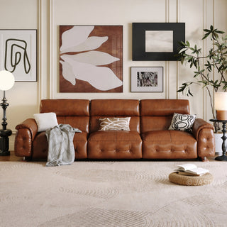 JASIWAY top-grain leather power reclining sofa featuring dual electric recliners with adjustable footrests, integrated USB charging ports, and deep button-tufted detailing for a modern mid-century living room aesthetic.-Front view