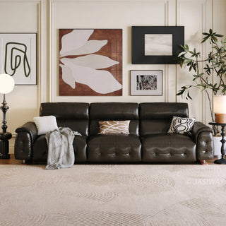 JASIWAY top-grain leather power reclining sofa featuring dual electric recliners with adjustable footrests, integrated USB charging ports, and deep button-tufted detailing for a modern mid-century living room aesthetic.-Front view