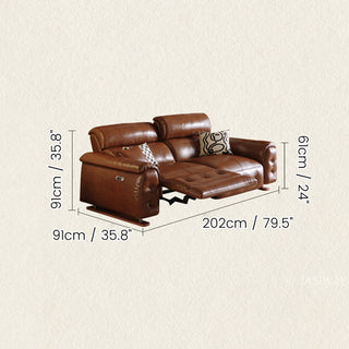 JASIWAY top-grain leather power reclining sofa featuring dual electric recliners with adjustable footrests, integrated USB charging ports, and deep button-tufted detailing for a modern mid-century living room aesthetic.-Dimensions chart