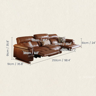 JASIWAY top-grain leather power reclining sofa featuring dual electric recliners with adjustable footrests, integrated USB charging ports, and deep button-tufted detailing for a modern mid-century living room aesthetic.-Dimensions chart