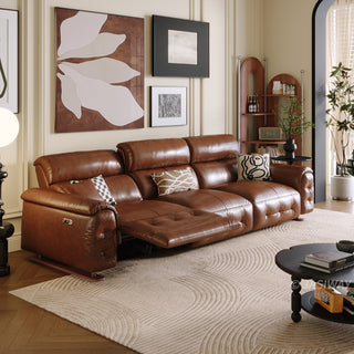 JASIWAY top-grain leather power reclining sofa featuring dual electric recliners with adjustable footrests, integrated USB charging ports, and deep button-tufted detailing for a modern mid-century living room aesthetic.-Three-quarter view with one side motor operation