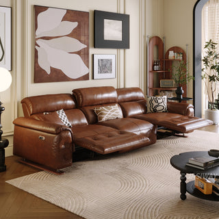 JASIWAY top-grain leather power reclining sofa featuring dual electric recliners with adjustable footrests, integrated USB charging ports, and deep button-tufted detailing for a modern mid-century living room aesthetic.-Three-quarter view with dual motors operation