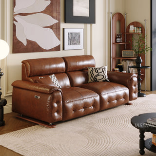 JASIWAY top-grain leather power reclining sofa featuring dual electric recliners with adjustable footrests, integrated USB charging ports, and deep button-tufted detailing for a modern mid-century living room aesthetic.-Three-quarter view