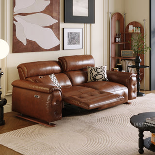 JASIWAY top-grain leather power reclining sofa featuring dual electric recliners with adjustable footrests, integrated USB charging ports, and deep button-tufted detailing for a modern mid-century living room aesthetic.-Three-quarter view with one side motor operation