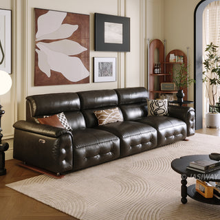JASIWAY top-grain leather power reclining sofa featuring dual electric recliners with adjustable footrests, integrated USB charging ports, and deep button-tufted detailing for a modern mid-century living room aesthetic.-Three-quarter view