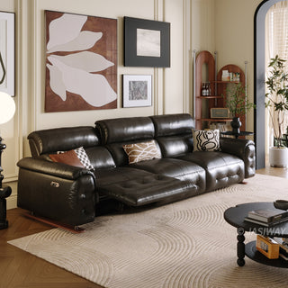 JASIWAY top-grain leather power reclining sofa featuring dual electric recliners with adjustable footrests, integrated USB charging ports, and deep button-tufted detailing for a modern mid-century living room aesthetic.-Three-quarter view with one side motor operation