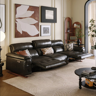 JASIWAY top-grain leather power reclining sofa featuring dual electric recliners with adjustable footrests, integrated USB charging ports, and deep button-tufted detailing for a modern mid-century living room aesthetic.-Three-quarter view with dual motors operation