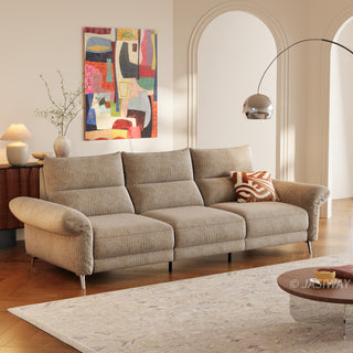 JASIWAY modern modular power reclining sofa featuring textured washable fabric covers, three cushioned seats with independent power recliner footrests, adjustable headrests, integrated USB charging ports, and sleek metal legs for contemporary living room comfort.-Three quarter view