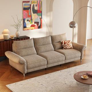 JASIWAY modern modular power reclining sofa featuring textured washable fabric covers, three cushioned seats with independent power recliner footrests, adjustable headrests, integrated USB charging ports, and sleek metal legs for contemporary living room comfort.-High-angle view