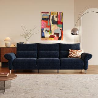 JASIWAY modern modular power reclining sofa featuring textured washable fabric covers, three cushioned seats with independent power recliner footrests, adjustable headrests, integrated USB charging ports, and sleek metal legs for contemporary living room comfort.-Front view