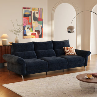 JASIWAY modern modular power reclining sofa featuring textured washable fabric covers, three cushioned seats with independent power recliner footrests, adjustable headrests, integrated USB charging ports, and sleek metal legs for contemporary living room comfort.-Three quarter view