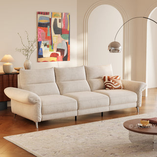 JASIWAY modern modular power reclining sofa featuring textured washable fabric covers, three cushioned seats with independent power recliner footrests, adjustable headrests, integrated USB charging ports, and sleek metal legs for contemporary living room comfort.-Three quarter view