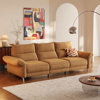 JASIWAY modern modular power reclining sofa featuring textured washable fabric covers, three cushioned seats with independent power recliner footrests, adjustable headrests, integrated USB charging ports, and sleek metal legs for contemporary living room comfort.-Three quarter view