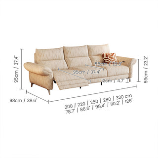 JASIWAY modern modular power reclining sofa featuring textured washable fabric covers, three cushioned seats with independent power recliner footrests, adjustable headrests, integrated USB charging ports, and sleek metal legs for contemporary living room comfort.-Dimensions chart