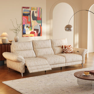 JASIWAY modern modular power reclining sofa featuring textured washable fabric covers, three cushioned seats with independent power recliner footrests, adjustable headrests, integrated USB charging ports, and sleek metal legs for contemporary living room comfort.-Three quarter view