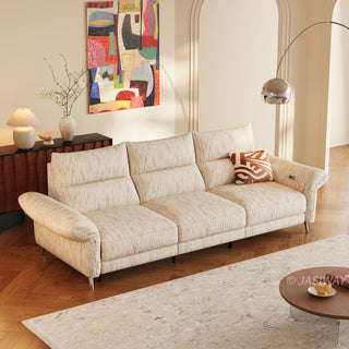 JASIWAY modern modular power reclining sofa featuring textured washable fabric covers, three cushioned seats with independent power recliner footrests, adjustable headrests, integrated USB charging ports, and sleek metal legs for contemporary living room comfort.-High-angle three quarter view