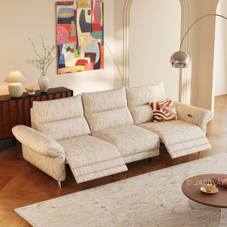JASIWAY modern modular power reclining sofa featuring textured washable fabric covers, three cushioned seats with independent power recliner footrests, adjustable headrests, integrated USB charging ports, and sleek metal legs for contemporary living room comfort.-High-angle view