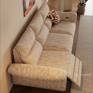 JASIWAY modern modular power reclining sofa featuring textured washable fabric covers, three cushioned seats with independent power recliner footrests, adjustable headrests, integrated USB charging ports, and sleek metal legs for contemporary living room comfort.-High-angle side view