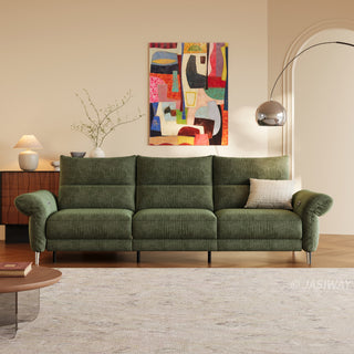 JASIWAY modern modular power reclining sofa featuring textured washable fabric covers, three cushioned seats with independent power recliner footrests, adjustable headrests, integrated USB charging ports, and sleek metal legs for contemporary living room comfort.-Front view