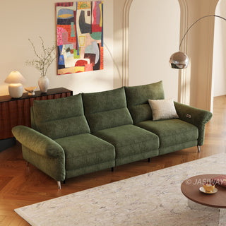 JASIWAY modern modular power reclining sofa featuring textured washable fabric covers, three cushioned seats with independent power recliner footrests, adjustable headrests, integrated USB charging ports, and sleek metal legs for contemporary living room comfort.-Three quarter view