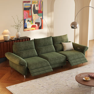 JASIWAY modern modular power reclining sofa featuring textured washable fabric covers, three cushioned seats with independent power recliner footrests, adjustable headrests, integrated USB charging ports, and sleek metal legs for contemporary living room comfort.-Three quarter view