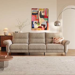 JASIWAY modern modular power reclining sofa featuring textured washable fabric covers, three cushioned seats with independent power recliner footrests, adjustable headrests, integrated USB charging ports, and sleek metal legs for contemporary living room comfort.-Front view