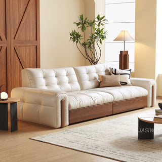 JASIWAY power zero wall reclining sofa bed with eco leather upholstery and space-saving wall-hugger design that converts from a stylish living room couch to a comfortable sleeper bed without needing extra clearance behind the backrest.-Three-quarter view