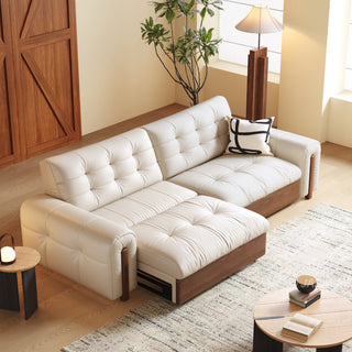 JASIWAY power zero wall reclining sofa bed with eco leather upholstery and space-saving wall-hugger design that converts from a stylish living room couch to a comfortable sleeper bed without needing extra clearance behind the backrest.-Three-quarter view of chaise lounge mode