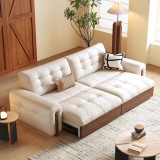 JASIWAY power zero wall reclining sofa bed with eco leather upholstery and space-saving wall-hugger design that converts from a stylish living room couch to a comfortable sleeper bed without needing extra clearance behind the backrest.-Three-quarter view of sofa bed mode