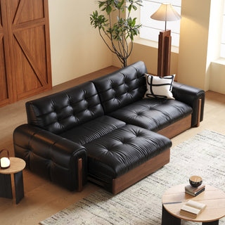 JASIWAY power zero wall reclining sofa bed with eco leather upholstery and space-saving wall-hugger design that converts from a stylish living room couch to a comfortable sleeper bed without needing extra clearance behind the backrest.-Three-quarter view of chaise lounge mode