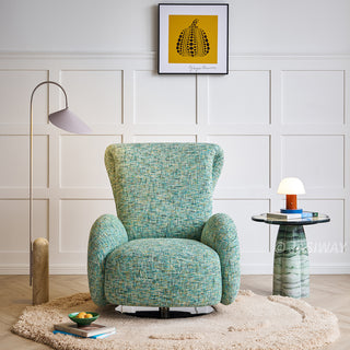 JASIWAY retro modern 360-degree swivel lounge chair featuring a sculptural curved silhouette and premium textured upholstery, showcasing a unique rounded backrest and barrel-style armrests, perfect as a stylish focal point for a contemporary living room, cozy bedroom nook, or executive study.-Front view