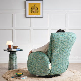 JASIWAY retro modern 360-degree swivel lounge chair featuring a sculptural curved silhouette and premium textured upholstery, showcasing a unique rounded backrest and barrel-style armrests, perfect as a stylish focal point for a contemporary living room, cozy bedroom nook, or executive study.-Rear three-quarter view