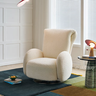 JASIWAY retro modern 360-degree swivel lounge chair featuring a sculptural curved silhouette and premium textured upholstery, showcasing a unique rounded backrest and barrel-style armrests, perfect as a stylish focal point for a contemporary living room, cozy bedroom nook, or executive study.-Three-qarter view