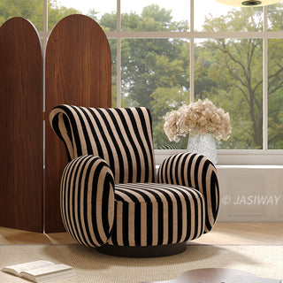 JASIWAY retro modern 360-degree swivel lounge chair featuring a sculptural curved silhouette and premium textured upholstery, showcasing a unique rounded backrest and barrel-style armrests, perfect as a stylish focal point for a contemporary living room, cozy bedroom nook, or executive study.-Three-quarter view