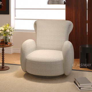 JASIWAY retro modern 360-degree swivel lounge chair featuring a sculptural curved silhouette and premium textured upholstery, showcasing a unique rounded backrest and barrel-style armrests, perfect as a stylish focal point for a contemporary living room, cozy bedroom nook, or executive study.-Front view